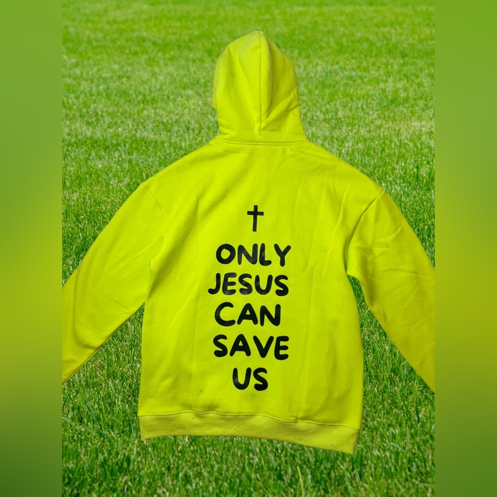 Lime Green This World Needs Jesus Hoodie Size L Bright Yellow Graphic Hoodie